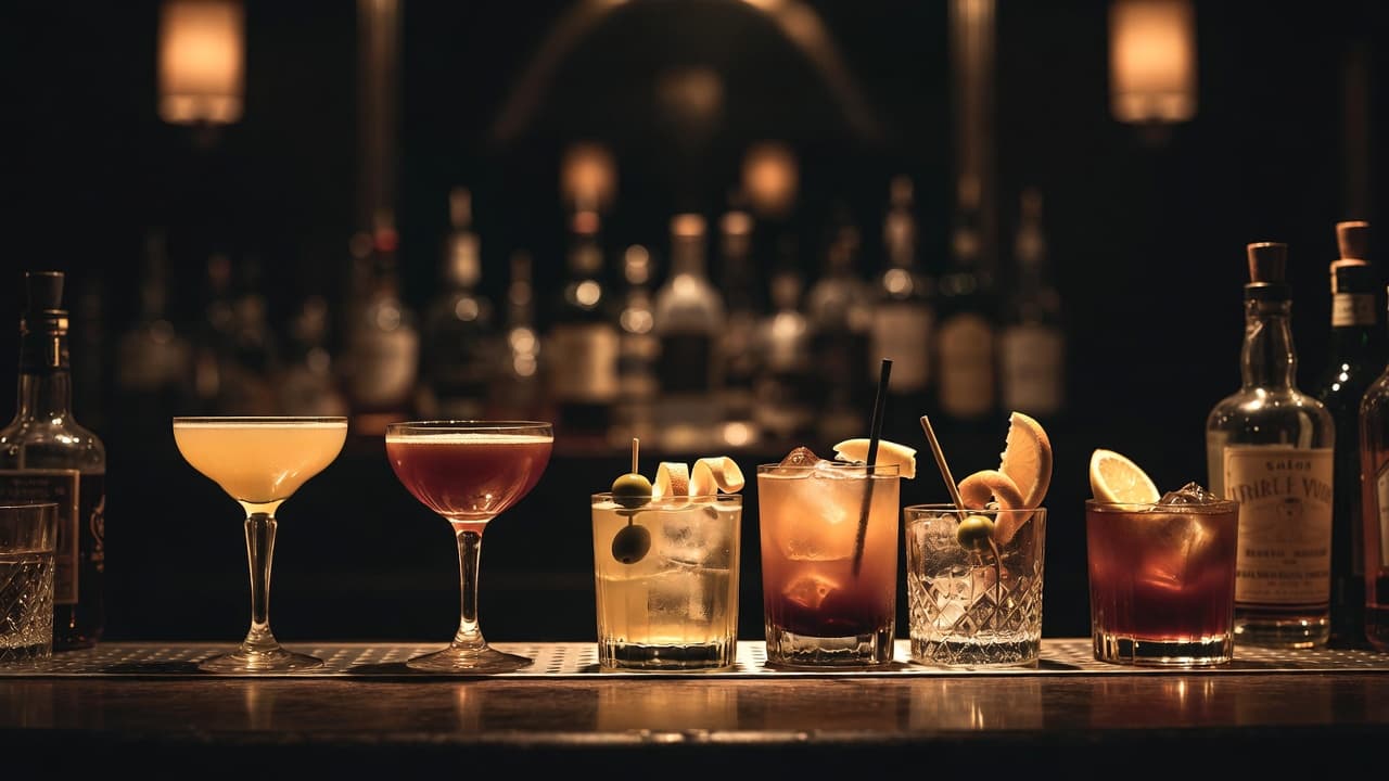 OpenBar key art: six cocktails on a bar, backed by softly lit bottles.