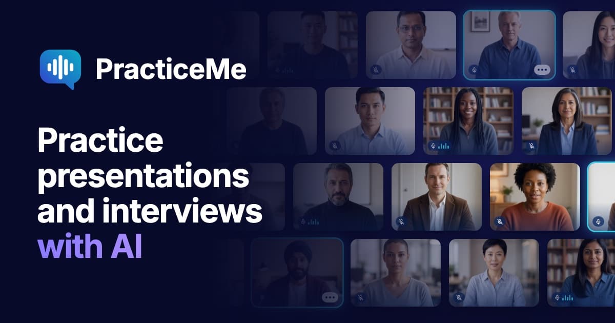 The PracticeMe social card: the wordmark, 'Practice presentations and interviews with AI', and a grid of video-call participants.