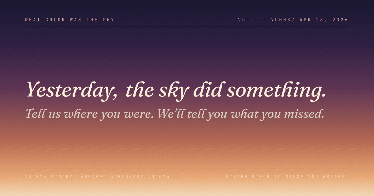 Since You Arrived, Volume II, What Color Was the Sky: a sunset-gradient card reading 'Yesterday, the sky did something.'