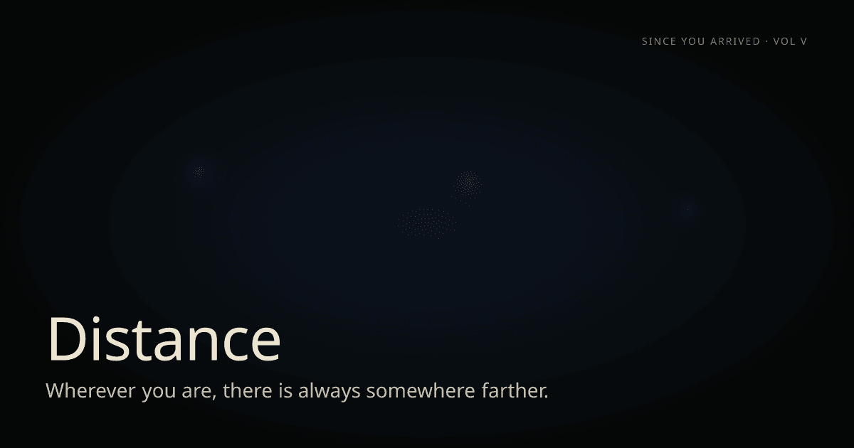 Since You Arrived, Volume V, Distance: a dark blue card with faint lights reading 'Distance' and 'Wherever you are, there is always somewhere farther.'